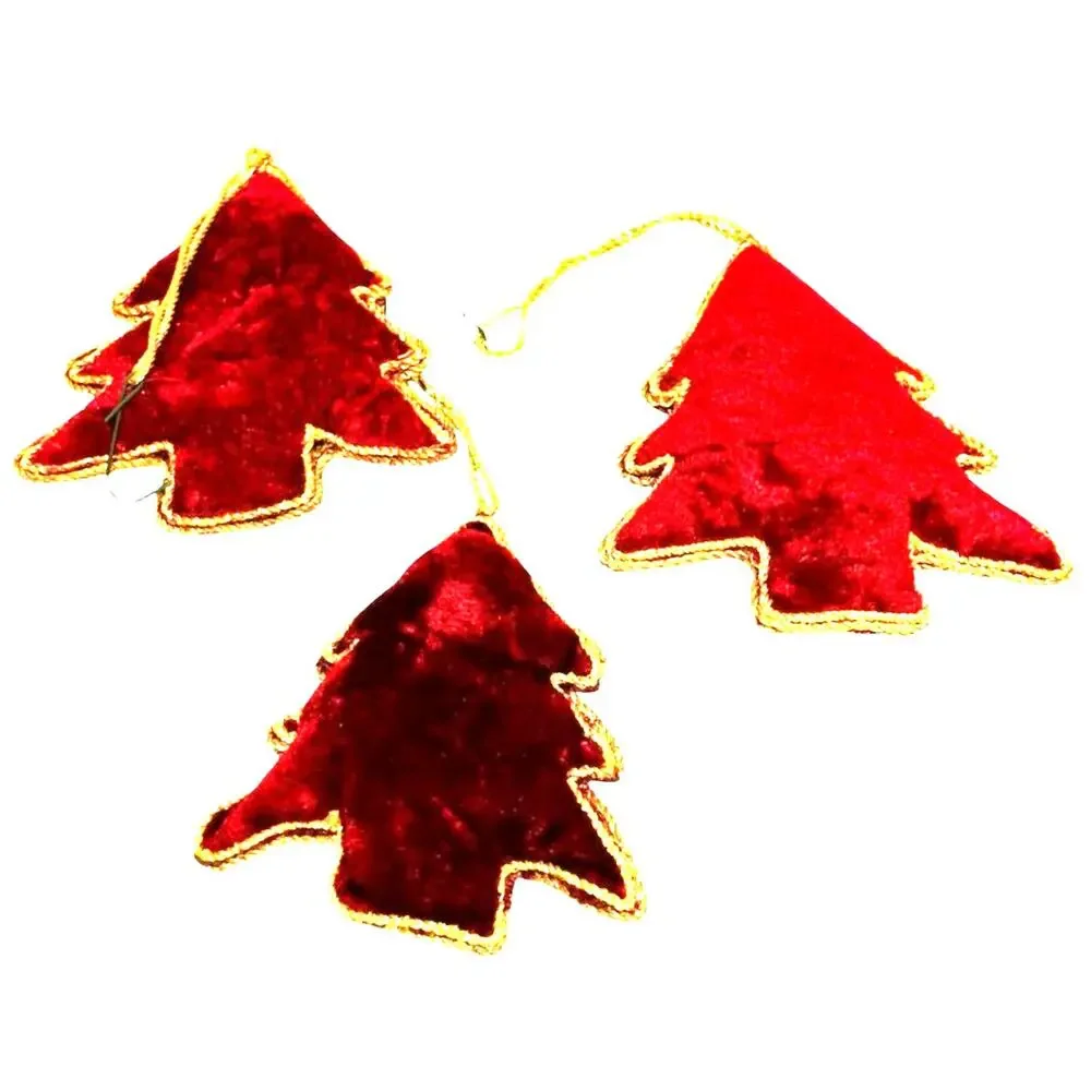 Vintage red velvet Christmas tree ornaments (3) rich gold cord ribbon trim